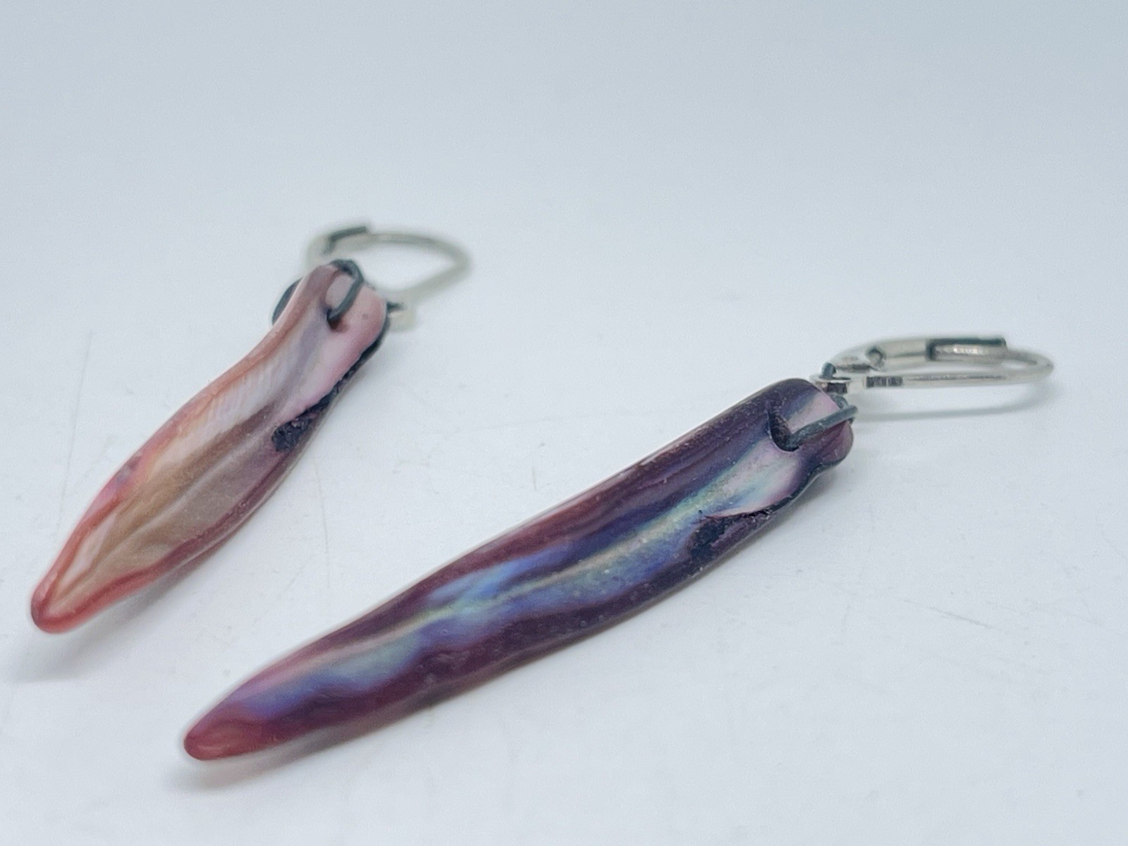 Vintage Colorful Pink Purple Blue Abalone Shell Talon Earrings Silver Leverback