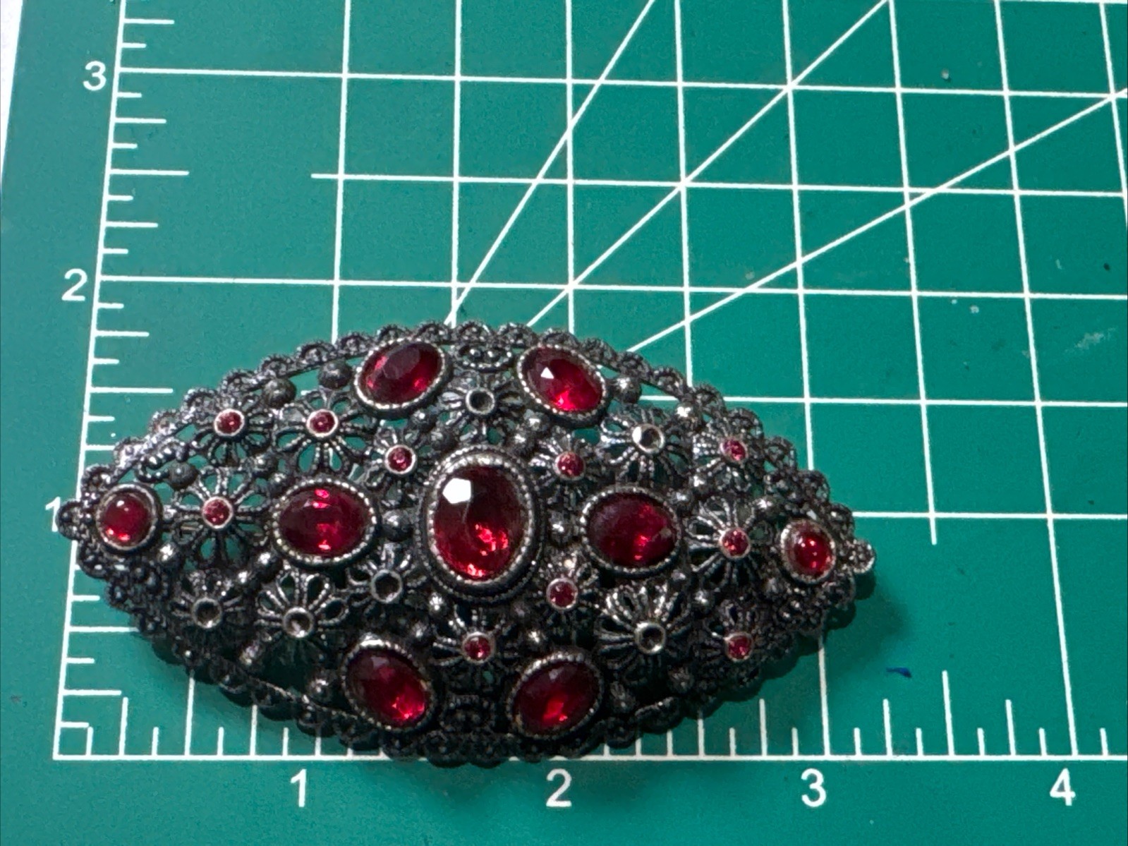 Antique New England NE Glass Works Large Brooch Red Rhinestone Floral Filigree3”