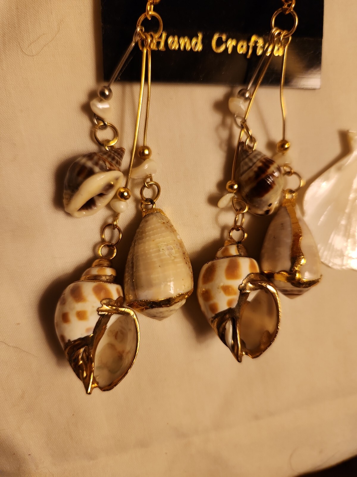 Vtg Sea shell gold trim foil natural estate Dangle Earrings 4″ Jewelry Lot of 2