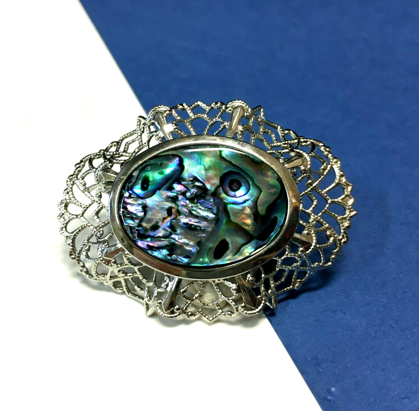 Vintage New Zealand Paua Shell ABALONE Brooch Oval Silver PL Lacy Bezel L54k
