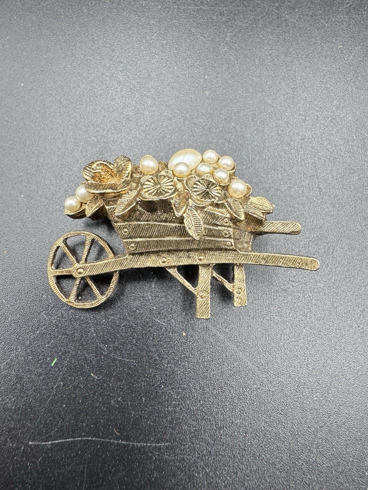 Vintage Flower Cart Brooch Gold Tone Faux Pearl Wheelbarrow Pin Floral