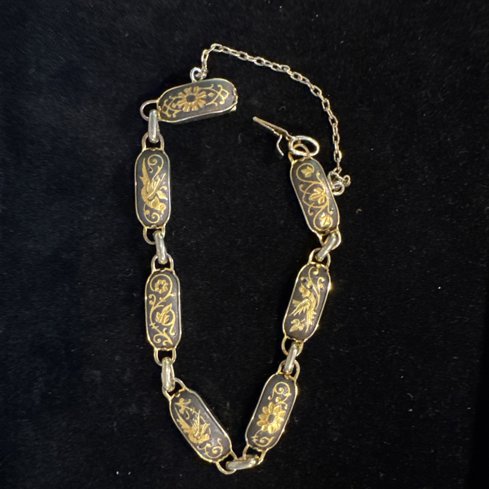 Vintage Spanish Damascene Birds & Flowers Dome Links Gold Black Bracelet 7”