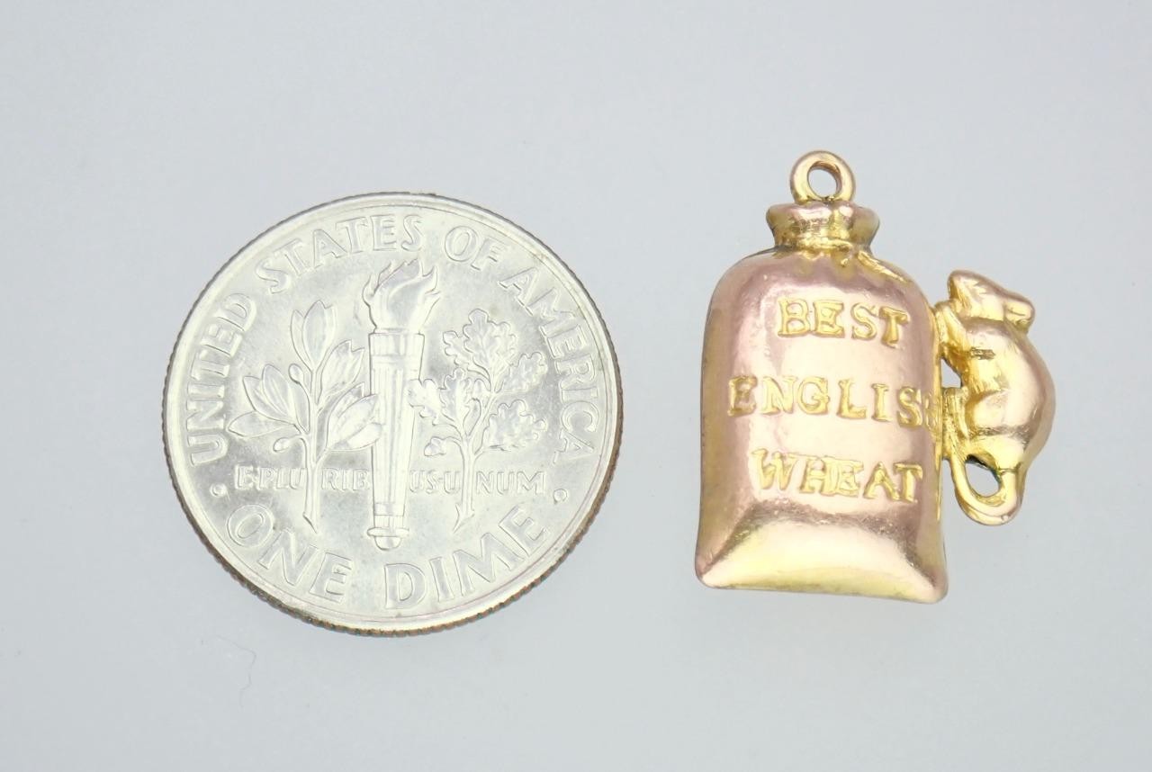 Fun! Antique Victorian Solid 9K Rose Gold Mouse Sack Of Wheat 3D Charm Pendant