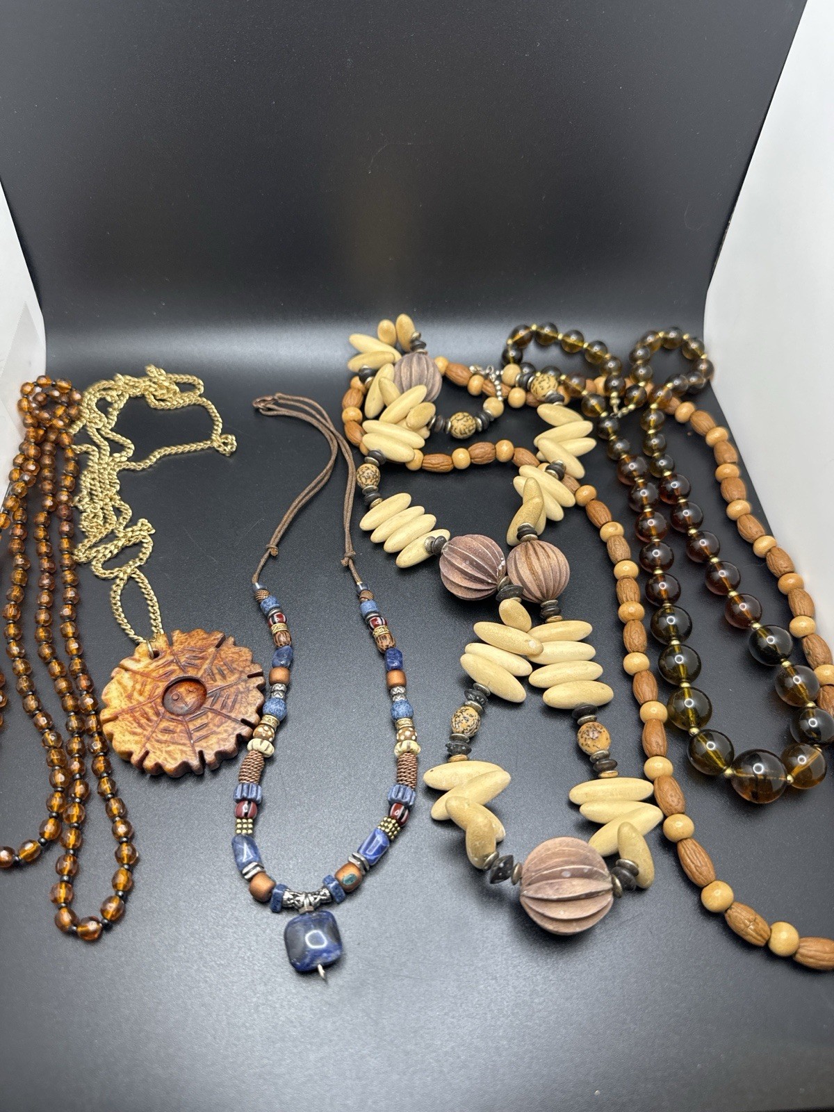 Vintage Boho Wood Bead Necklace Lot Artisan Tribal Earth Tone Jewelry