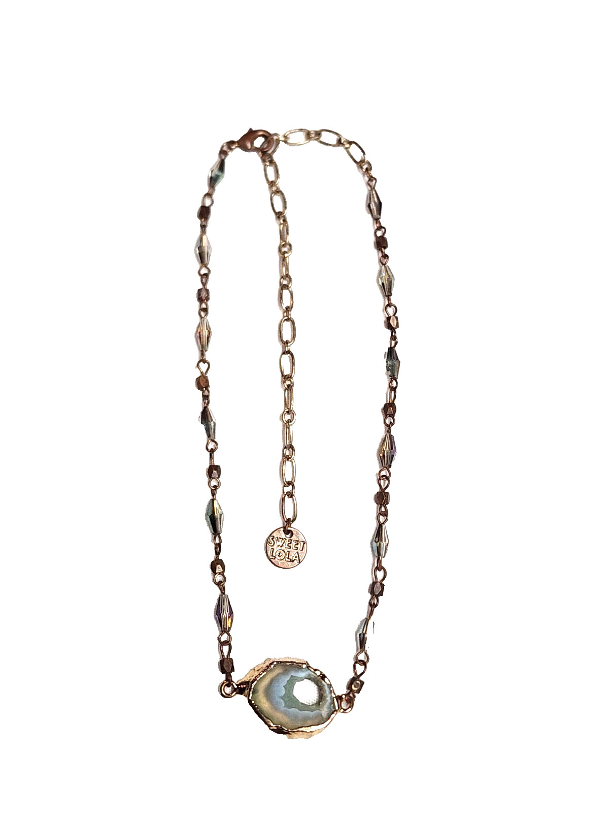 Vintage Sweet Lola Brass Blue Green Beaded Geode Pendant Necklace 17″ Choker