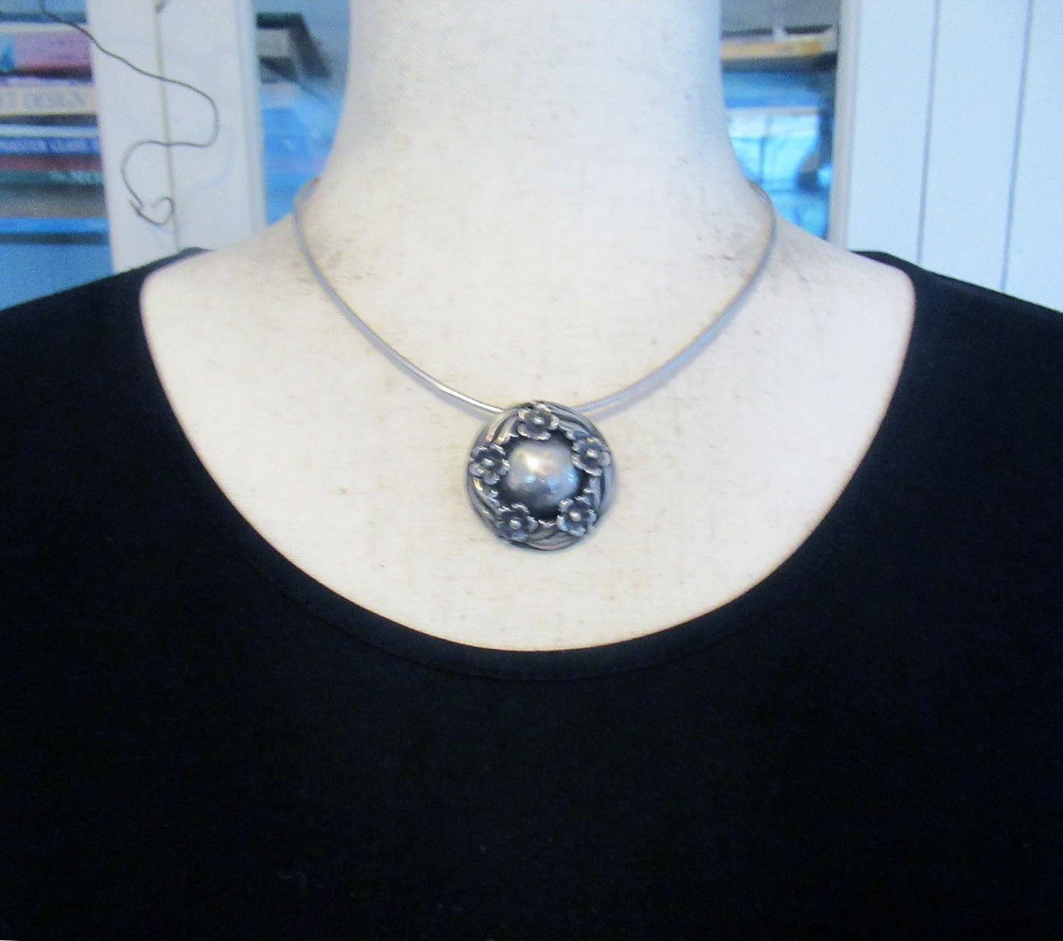 VINTAGE STERLING DENMARK N E FROM DENMARK NECKLACE PENDANT, 1 3/8 INCHES, 22 GRM