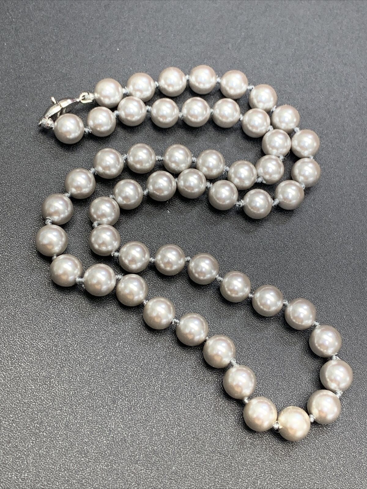 Vintage Signed Monet Grey Silver Hand Knotted Glass Pearl Necklace Long 20”