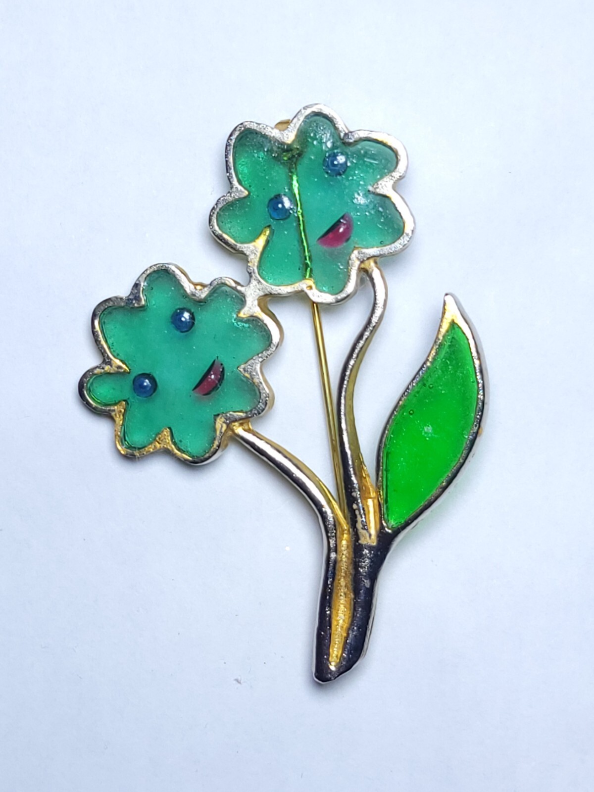 Enamel Flower Face Brooch by Joy Vintage Plique A Jour Green Stained Glass Resin
