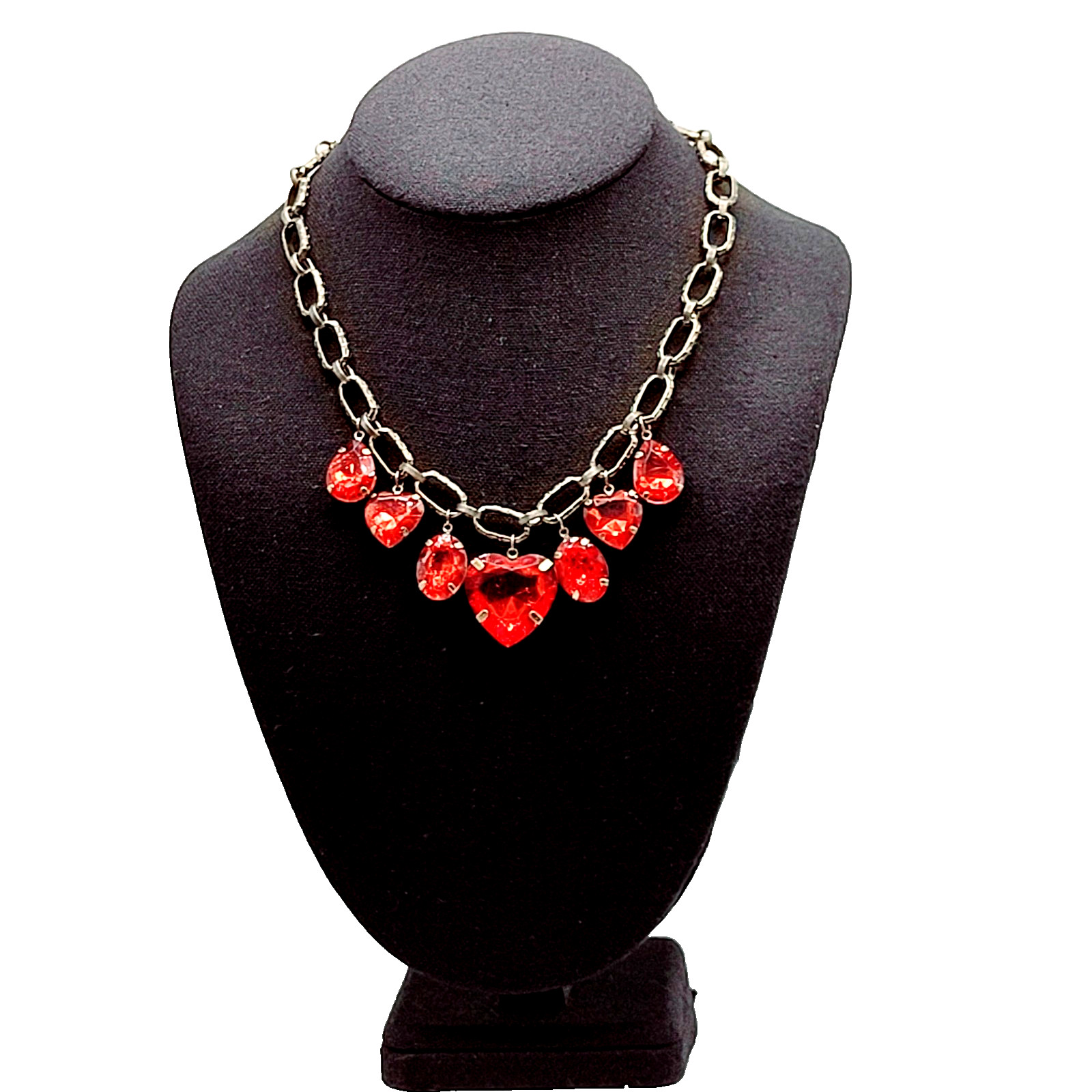 Red Acrylic Gem Statement Red Heart Brass Tone Large Link Vintage Necklace 17 In