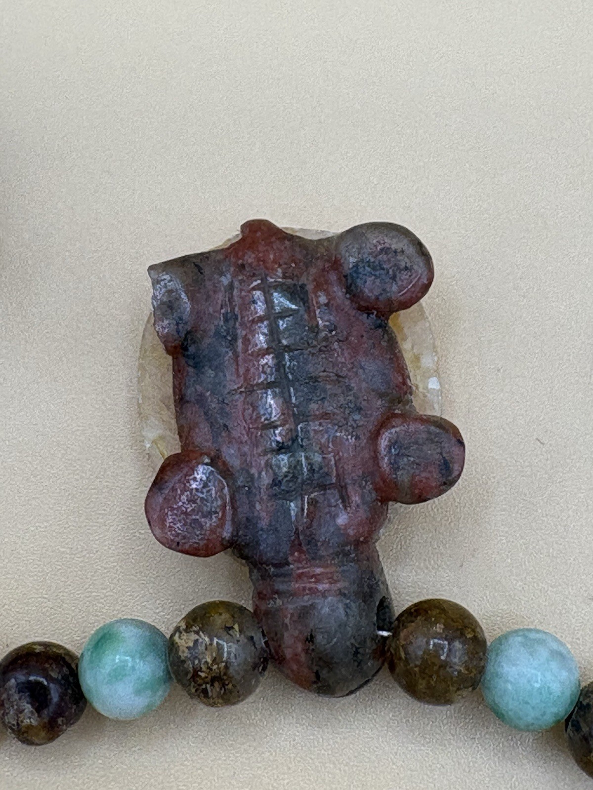 Assorted Color Stone Bead Necklace with 5 Carved Turtle Pendants