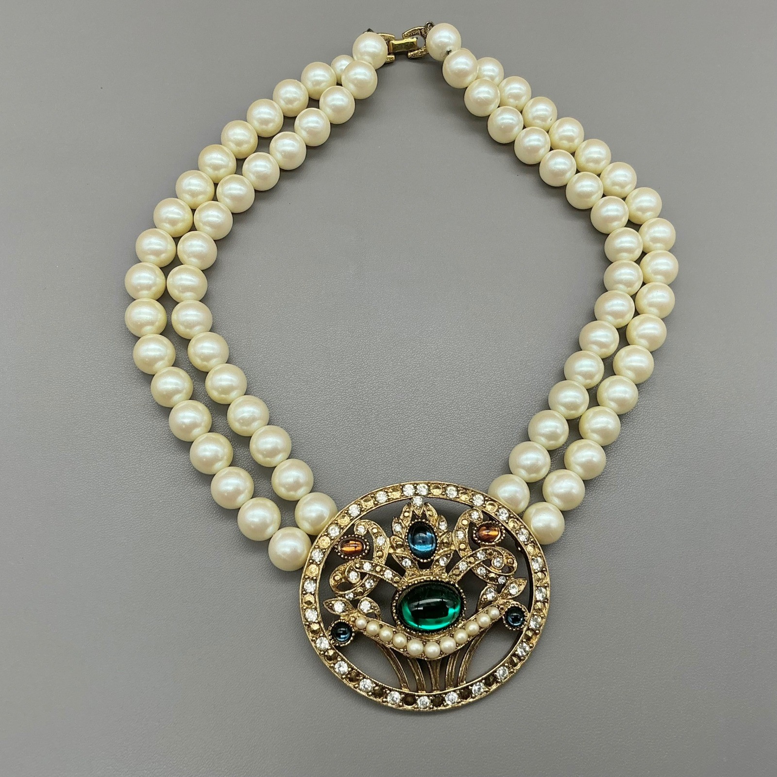 Richelieu Jewelry Set Women Cream Faux Pearl Cabochon Rhinestone Vintage 16 Inch