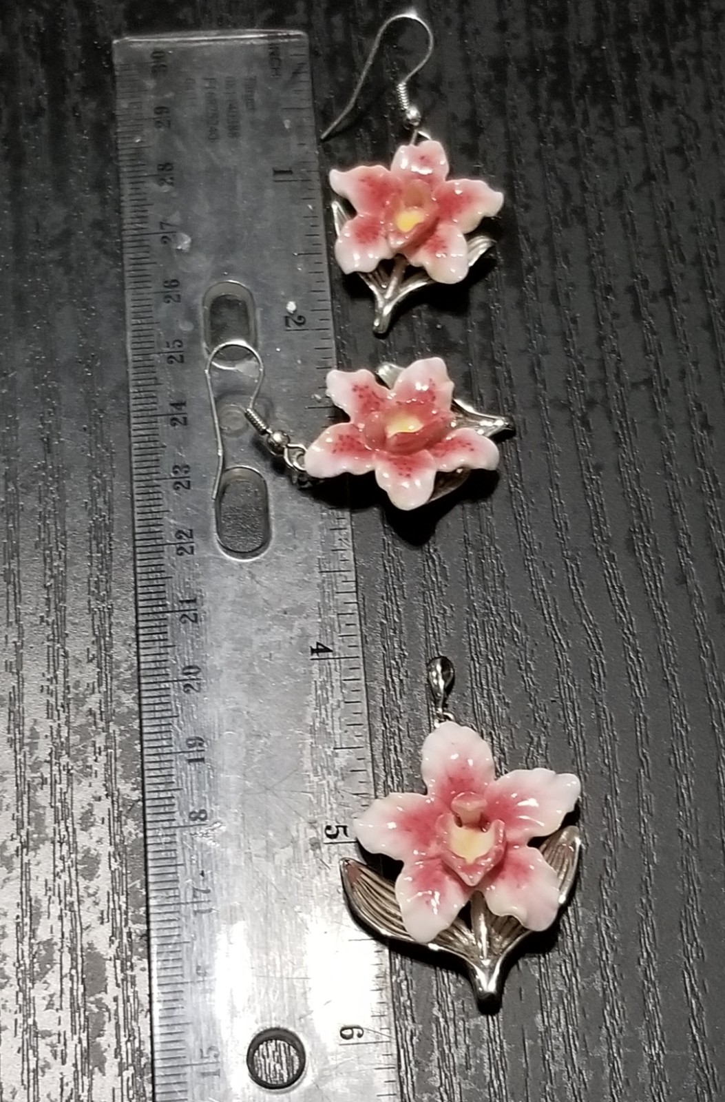 Franz Porcelain Orchid Necklace & Earrings Set – Discontinued, Signed Near Mint