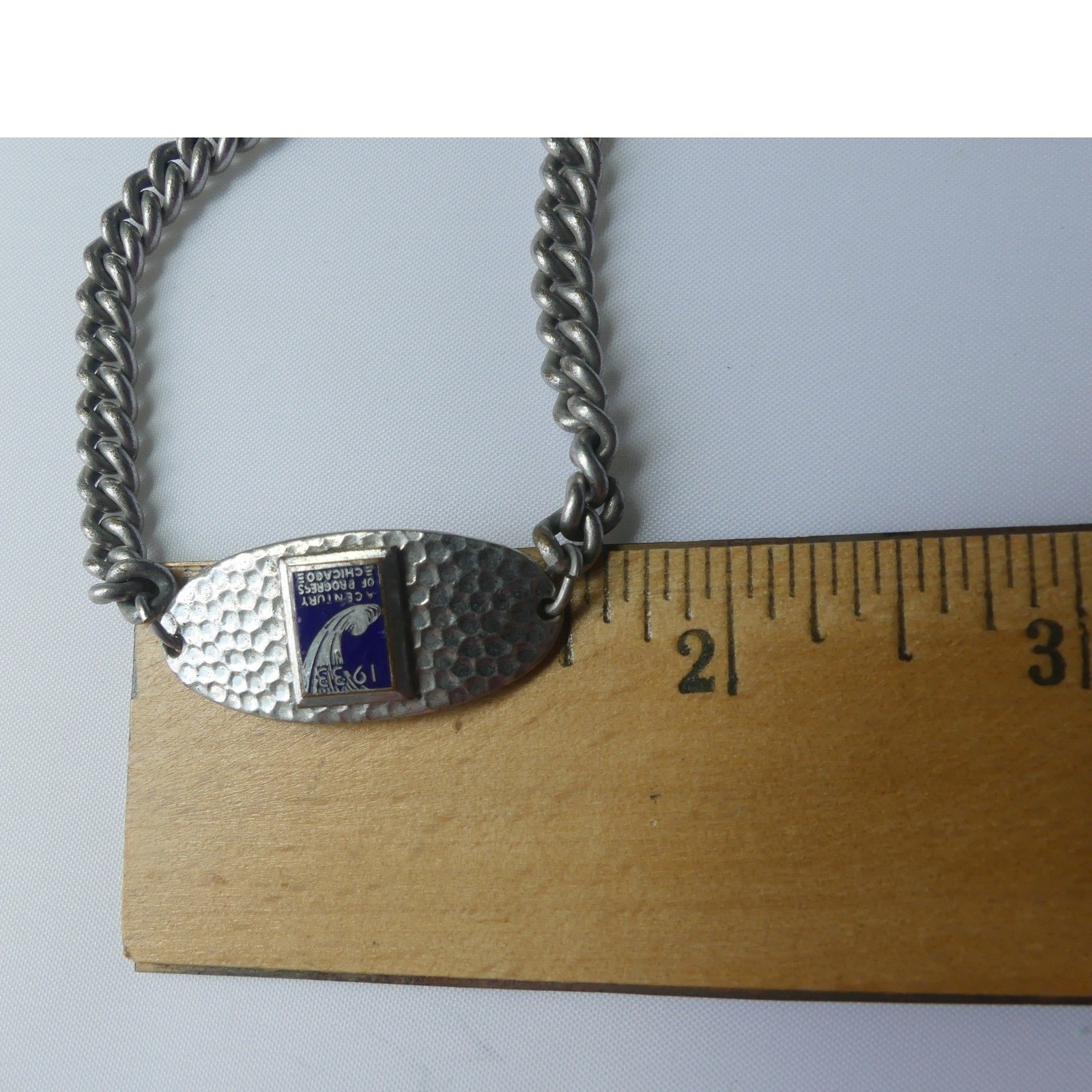 Vintage 1933 Chicago Worlds Fair Century of Progress Bracelet Enamel Hammered ID