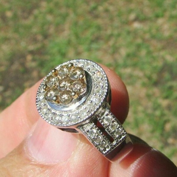 CHAMPAGNE & WHITE DIAMONDS 14k WHITE GOLD RING Size 5 IJDN Interjewel USA