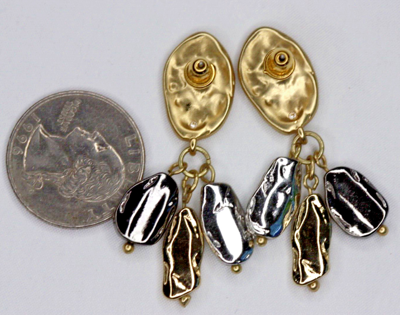 Hammered Tri-Tone Gold Silver Hematite Dangle Drop Beaded Pierced Post Earrings