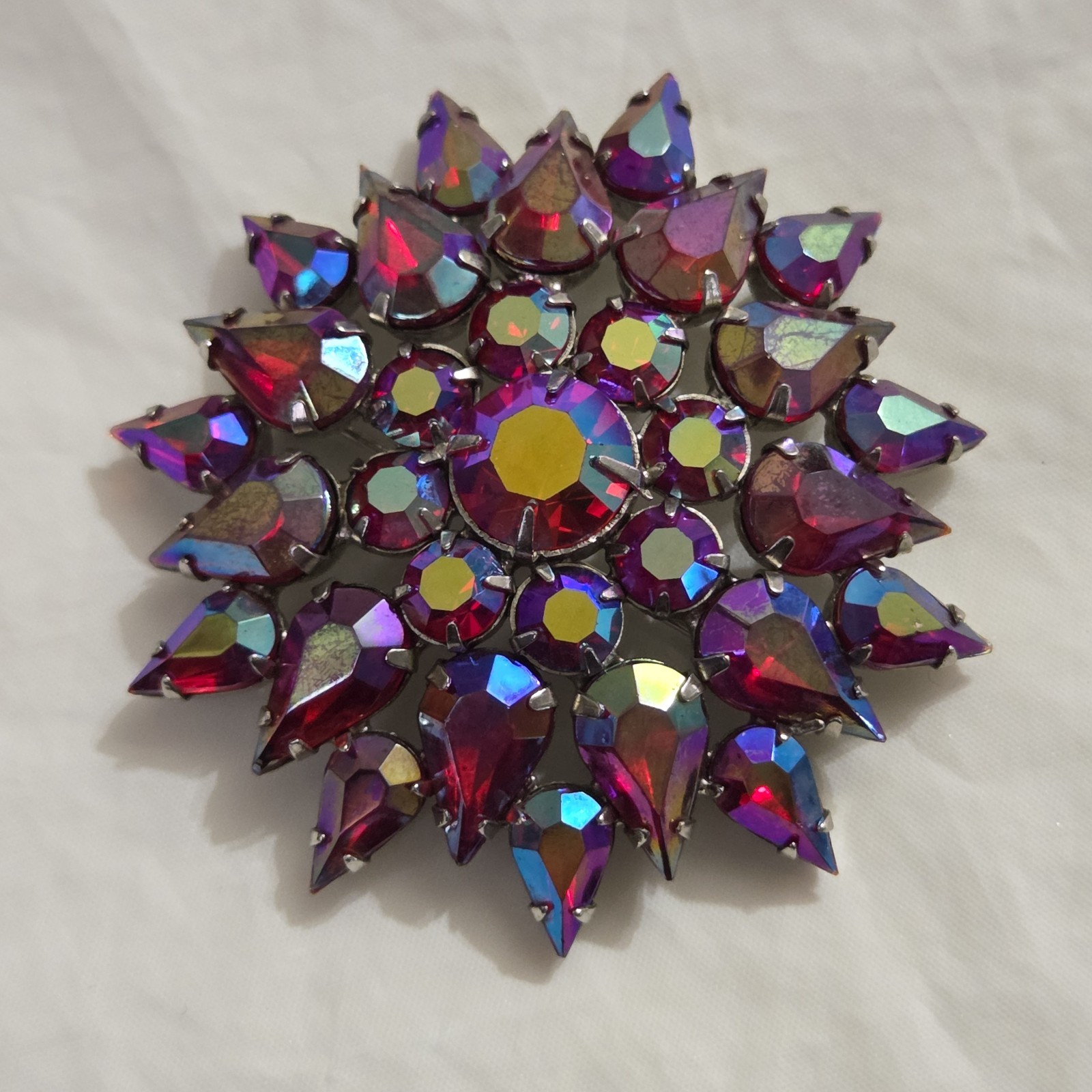 Vintage Juliana D&E Large Red Iridescent AB Rhinestones Brooch Pin 3″