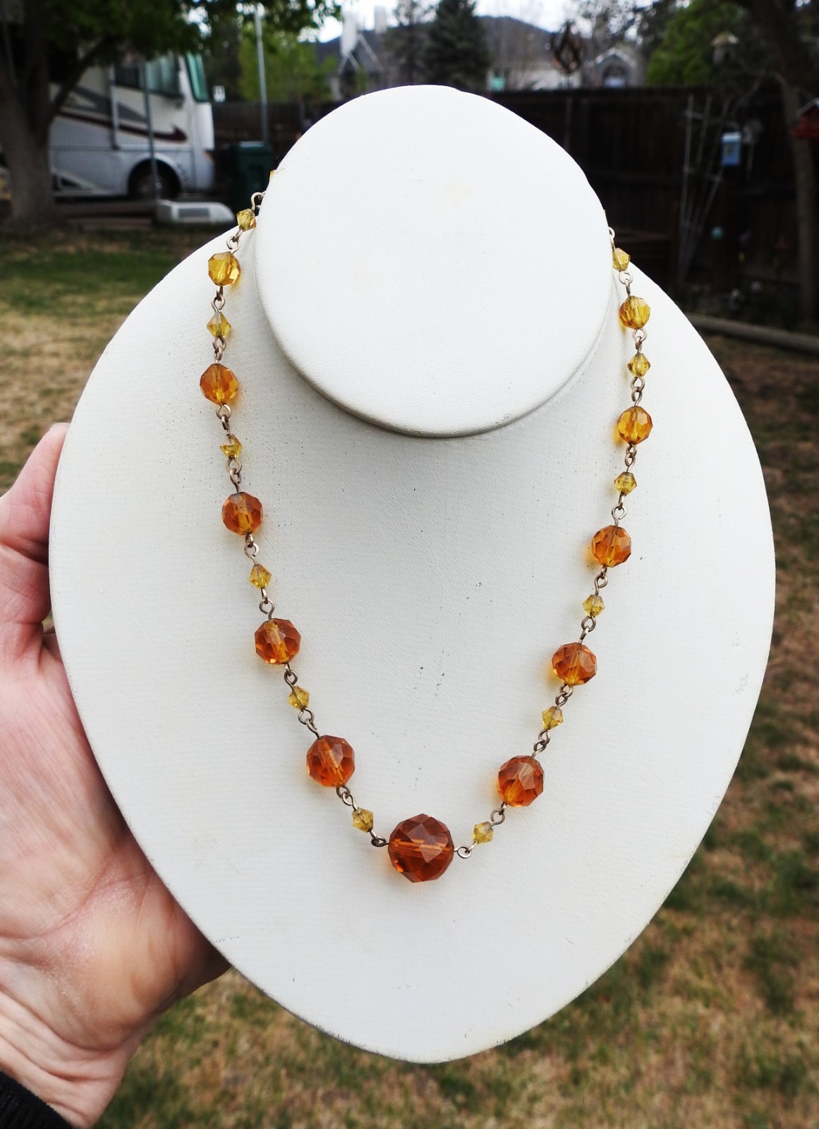 Vnt Czech Gold Tone Faux Faceted Honey Amber Glass & Crystal Bead Necklace 16″