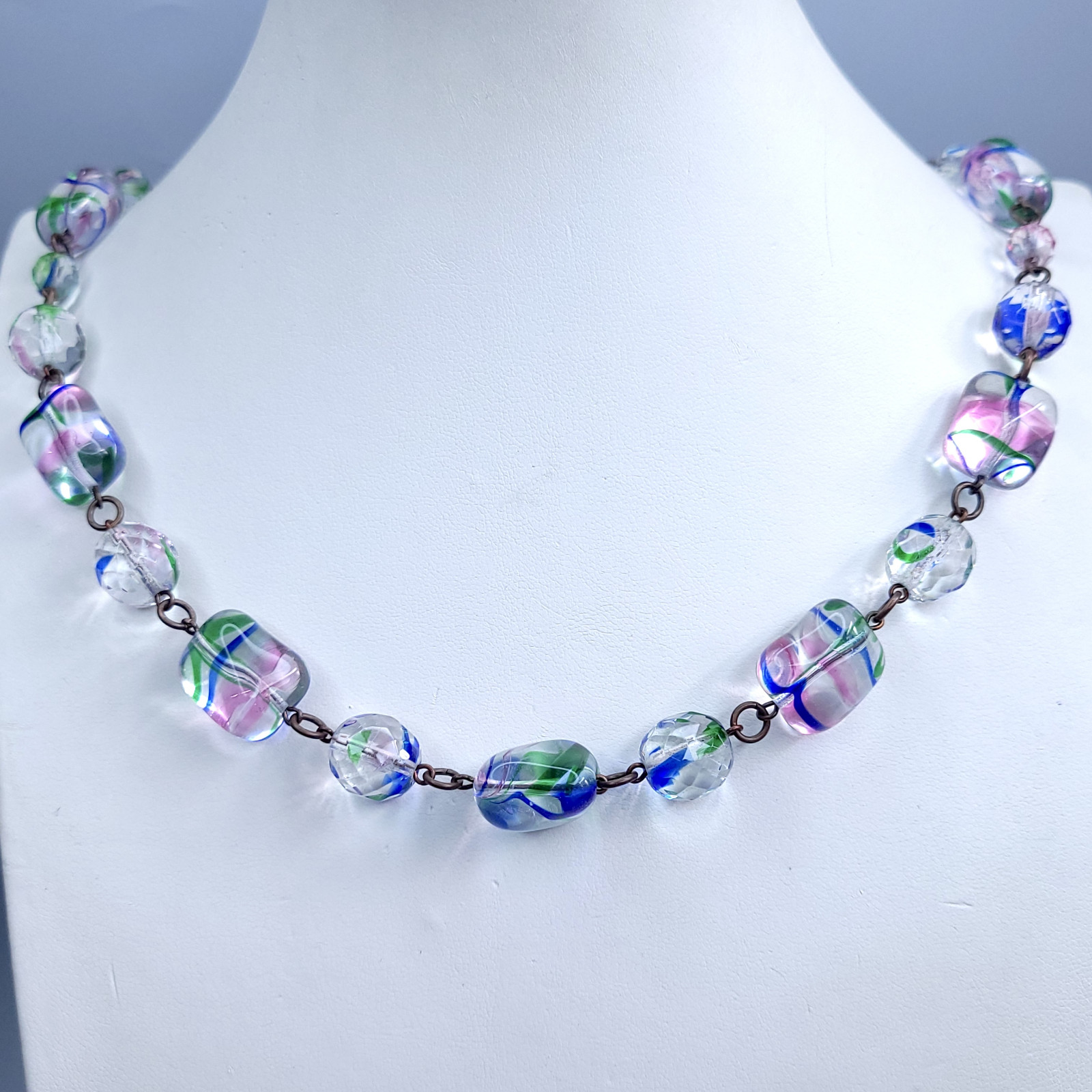Iris Glass Necklace 22” Multicolor Czech Vintage Beads Art Glass
