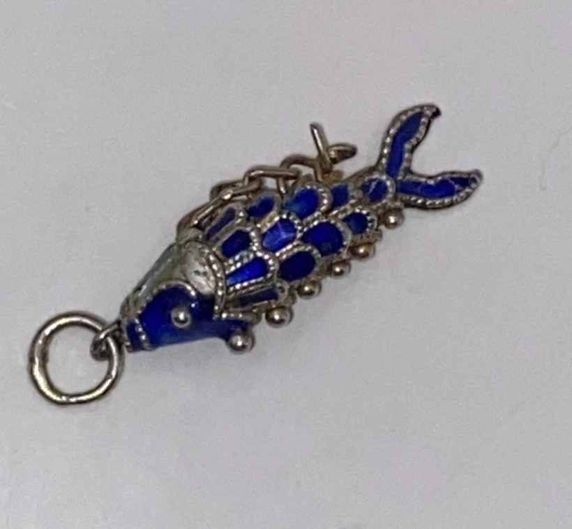 Vintage 2 3/4”Reticulated Fish Cobalt Blue/White Cloisonné Pendant