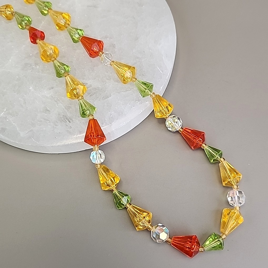 Vintage Plastic Beaded Necklace West Germany Orange Green Yellow AB Glass 20″