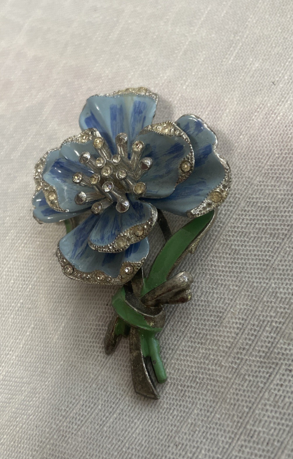 New England Glass Works Trembler Brooch Blue Pansy Flower Enamel Pot Metal