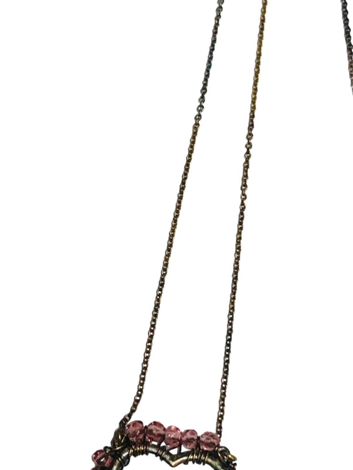 Vintage Antique Gold Tone Wire Wrapped Pink Beads Heart Pendant Necklace 19.5”