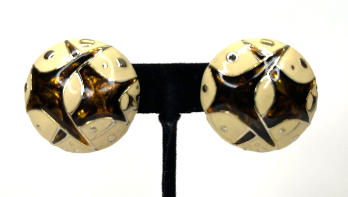 VINTAGE ORENA PARIS EARRINGS Gold Tone & Enamel Stardust Retro Pattern CLIP ONS