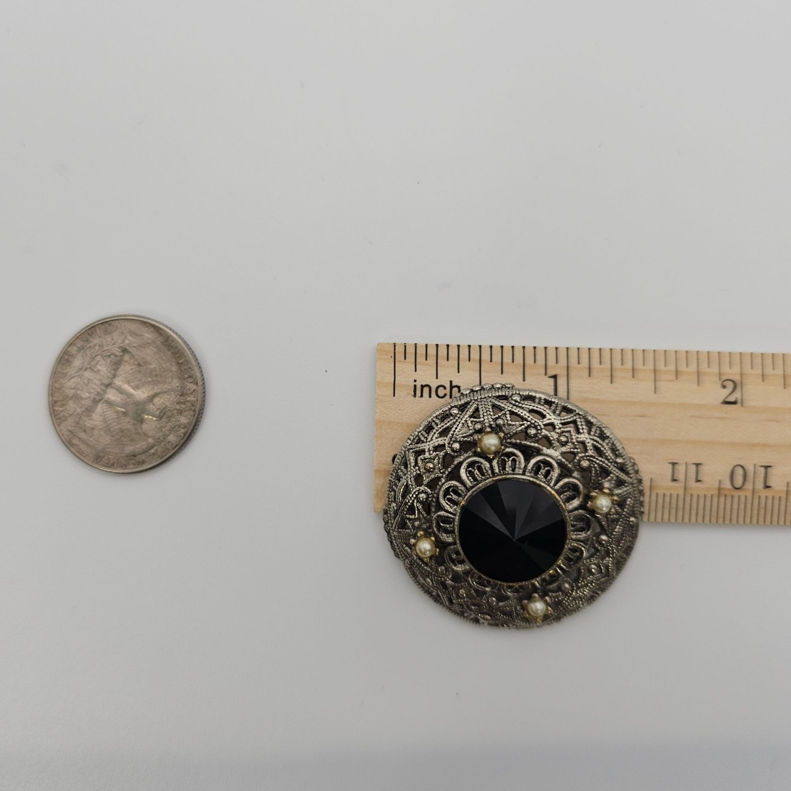 Vtg Tacoa Black Rivoli Filigree Brooch Silver Tone Victorian Revival Gothic Pin