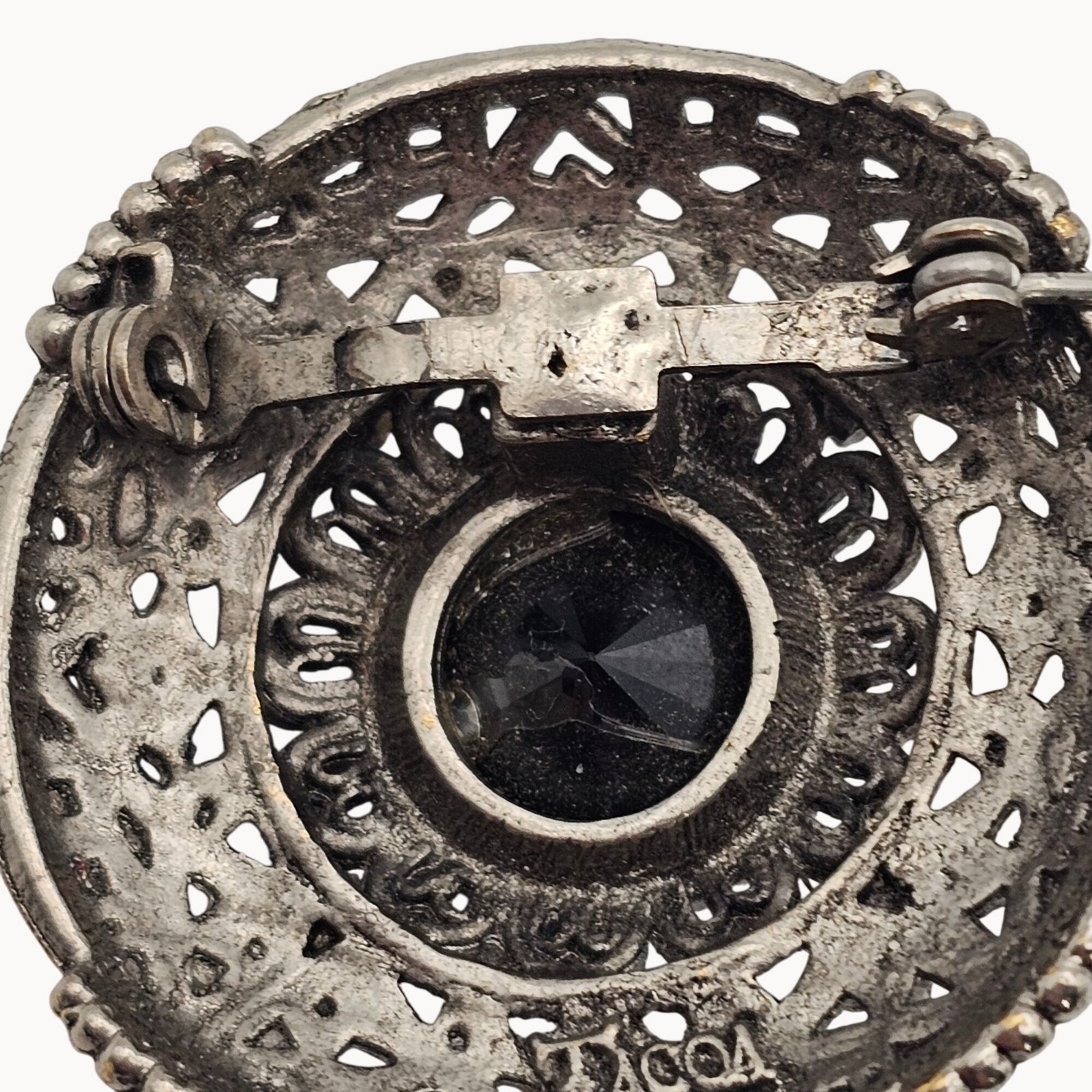 Vtg Tacoa Black Rivoli Filigree Brooch Silver Tone Victorian Revival Gothic Pin