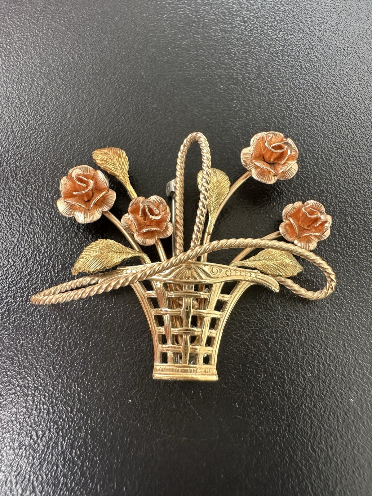 Vintage Signed Krementz Flower Basket Brooch Goldtone & Rose Goldtone