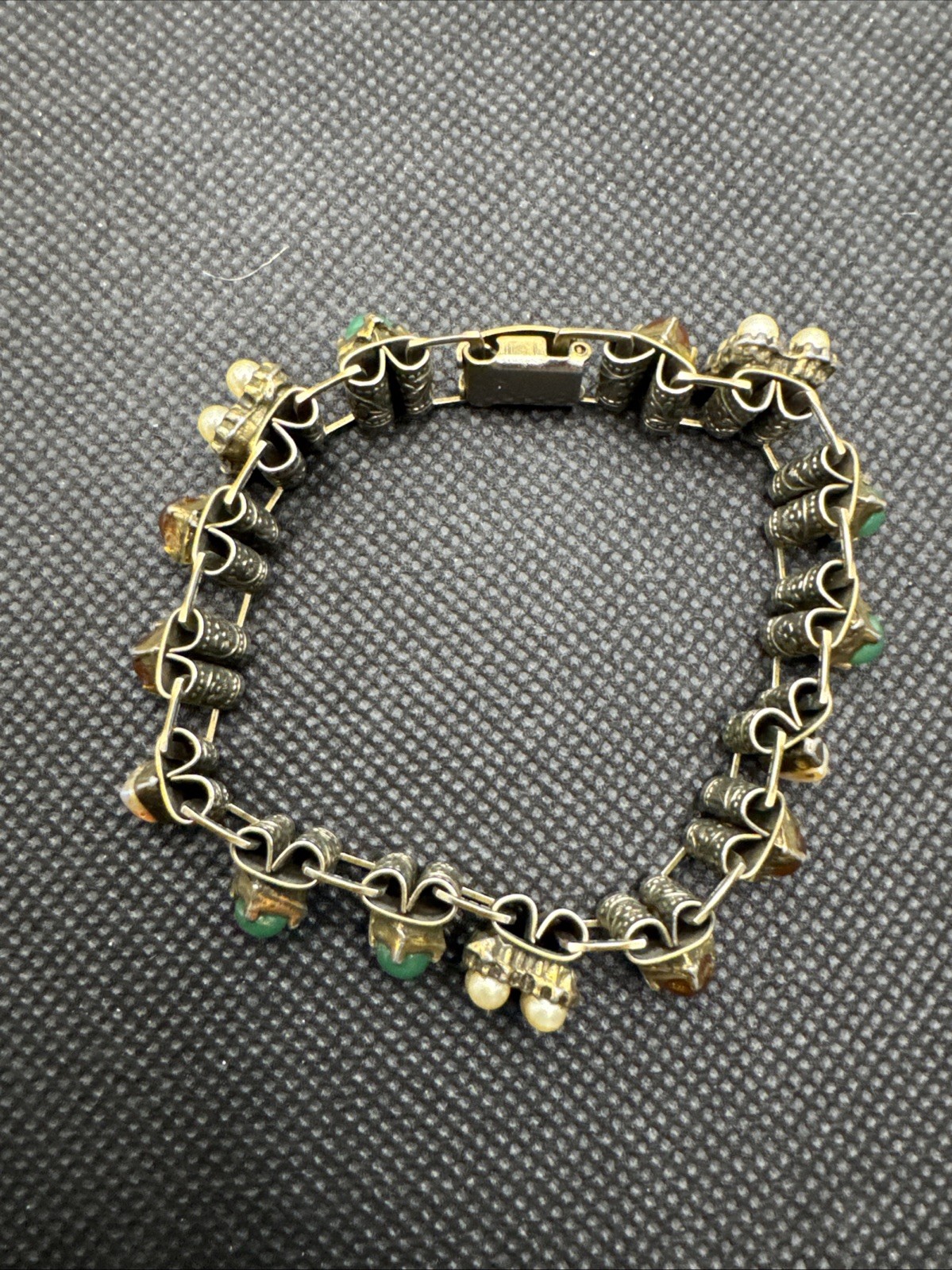CC1127 Vtg Victorian Revival Book Chain Bracelet Faux Pearl, Opal, Emerald, Ruby