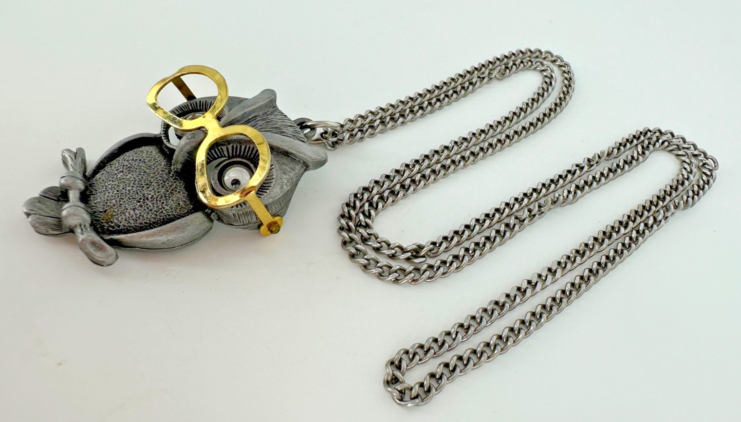 Vintage FAB Pewter Tone Googly Eyed Owl With Movable Eyeglasses Pendant Necklace