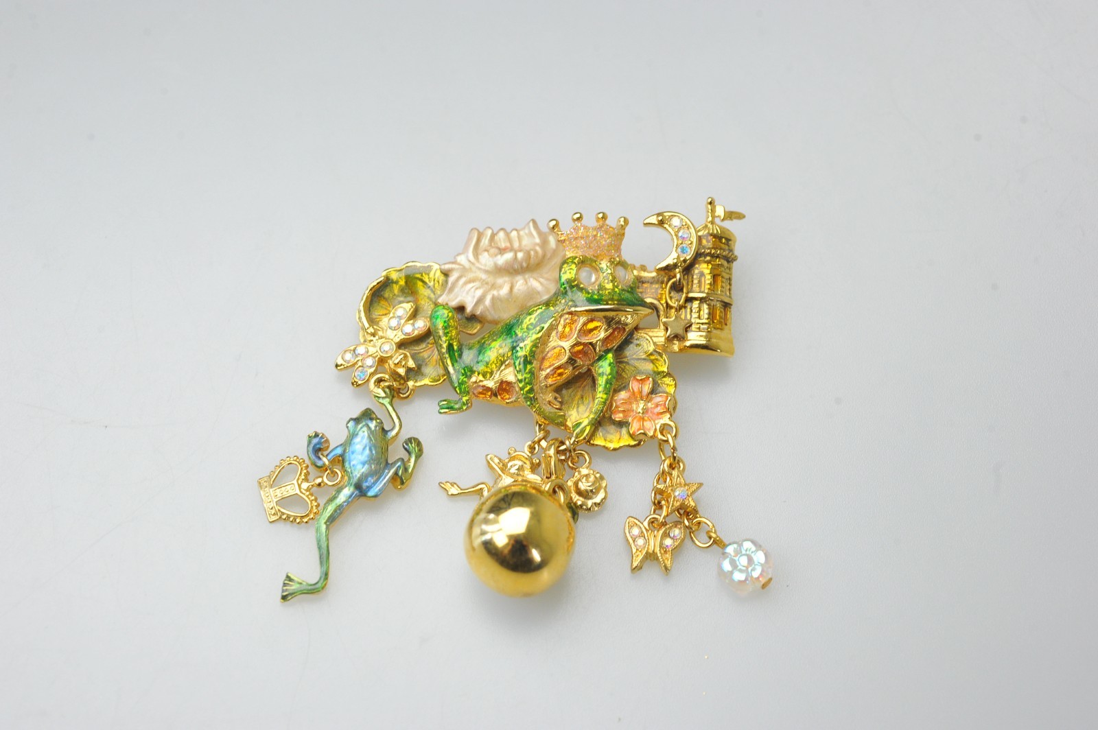 Kirks Folly Brooch dangle charm enamel rhinestone Frog Fairy prince crown AL14