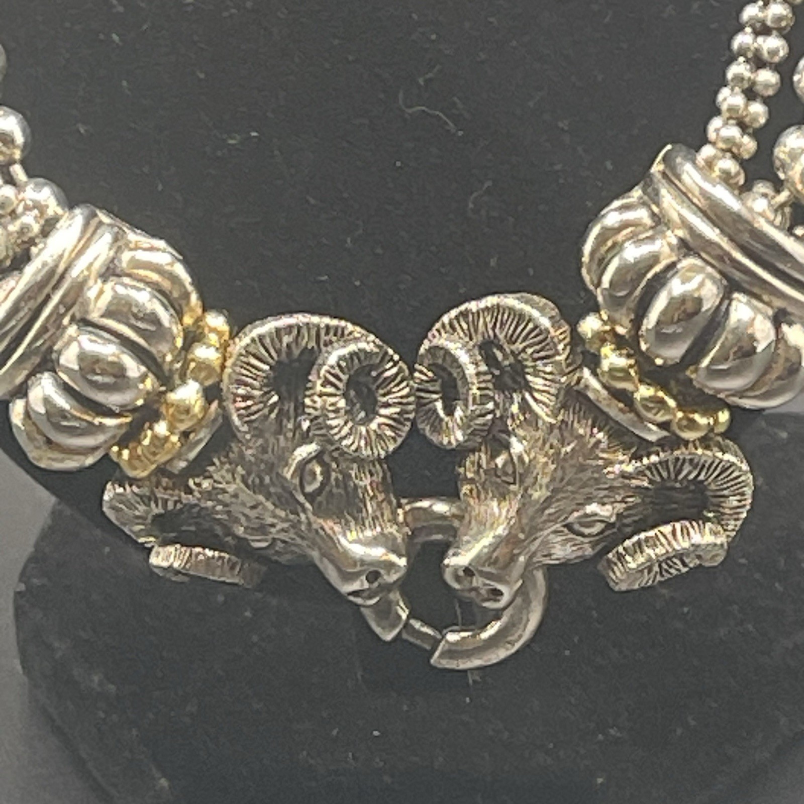 VTG Signed PISCITELLI 7 Strands Silver & Gold Tone Rams Head Statement Necklace