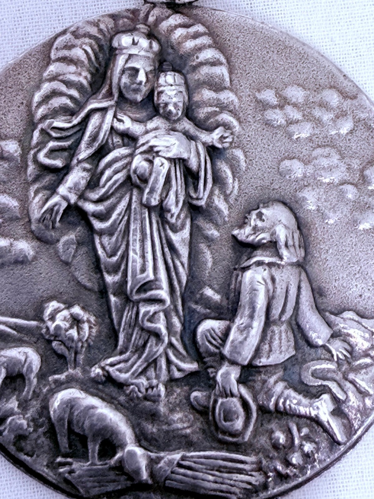 Vintage Sterling Silver 900 Virgin Mary Apparition Relief Medal Pendant 39mm