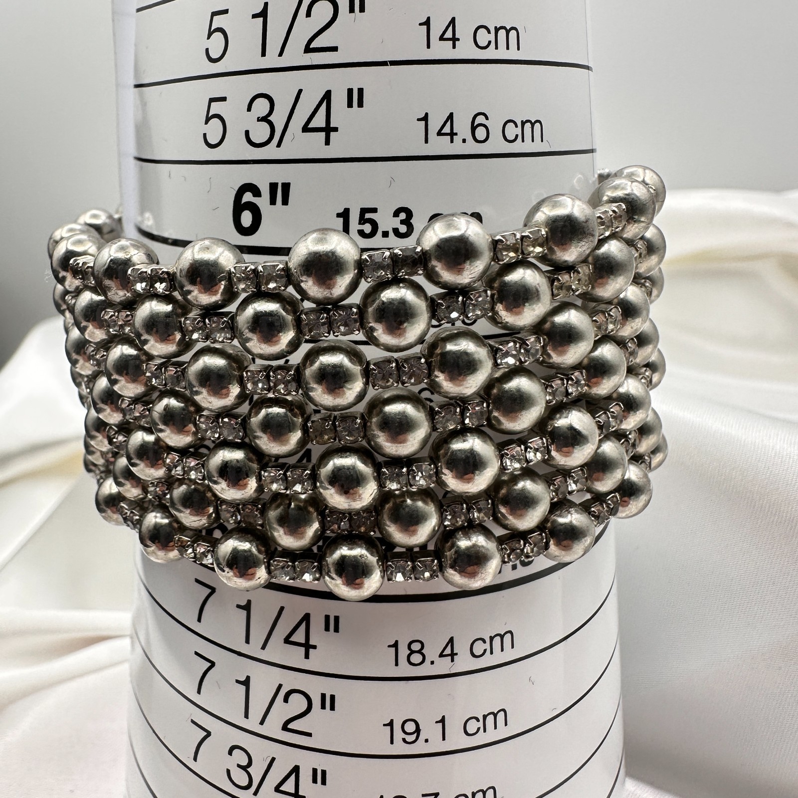 Vintage 90s Silver Tone Multi Row Bead Clear Glass Wide Cuff Statement Bracelet