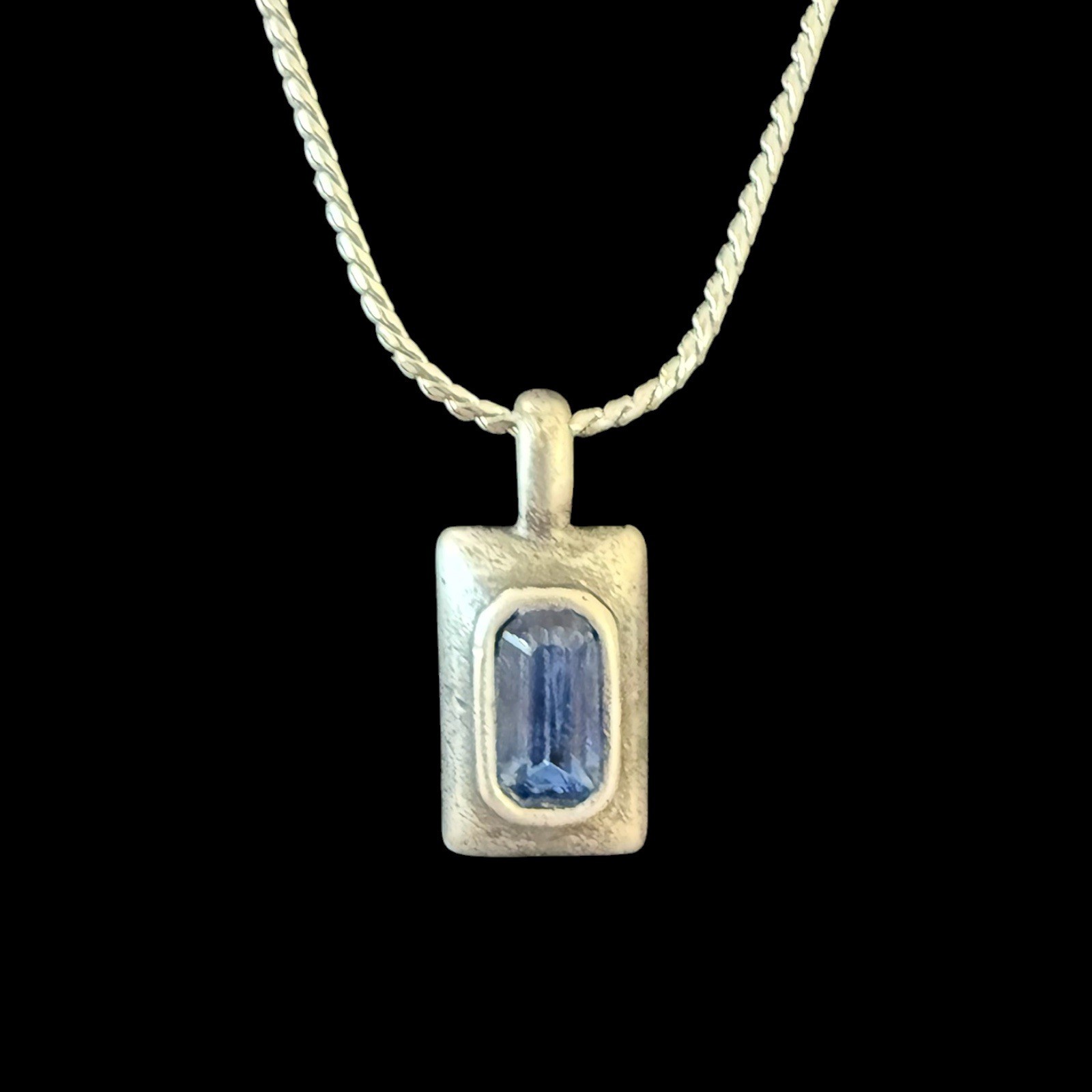 Vintage Silver Necklace Royal Blue Baguette Crystal Pendant, Silver toned Chain