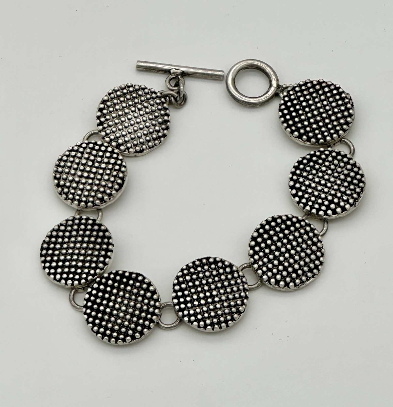 Sterling Silver 925 Mexico CII Textured Dome Disk and Toggle Closer Bracelet 44g