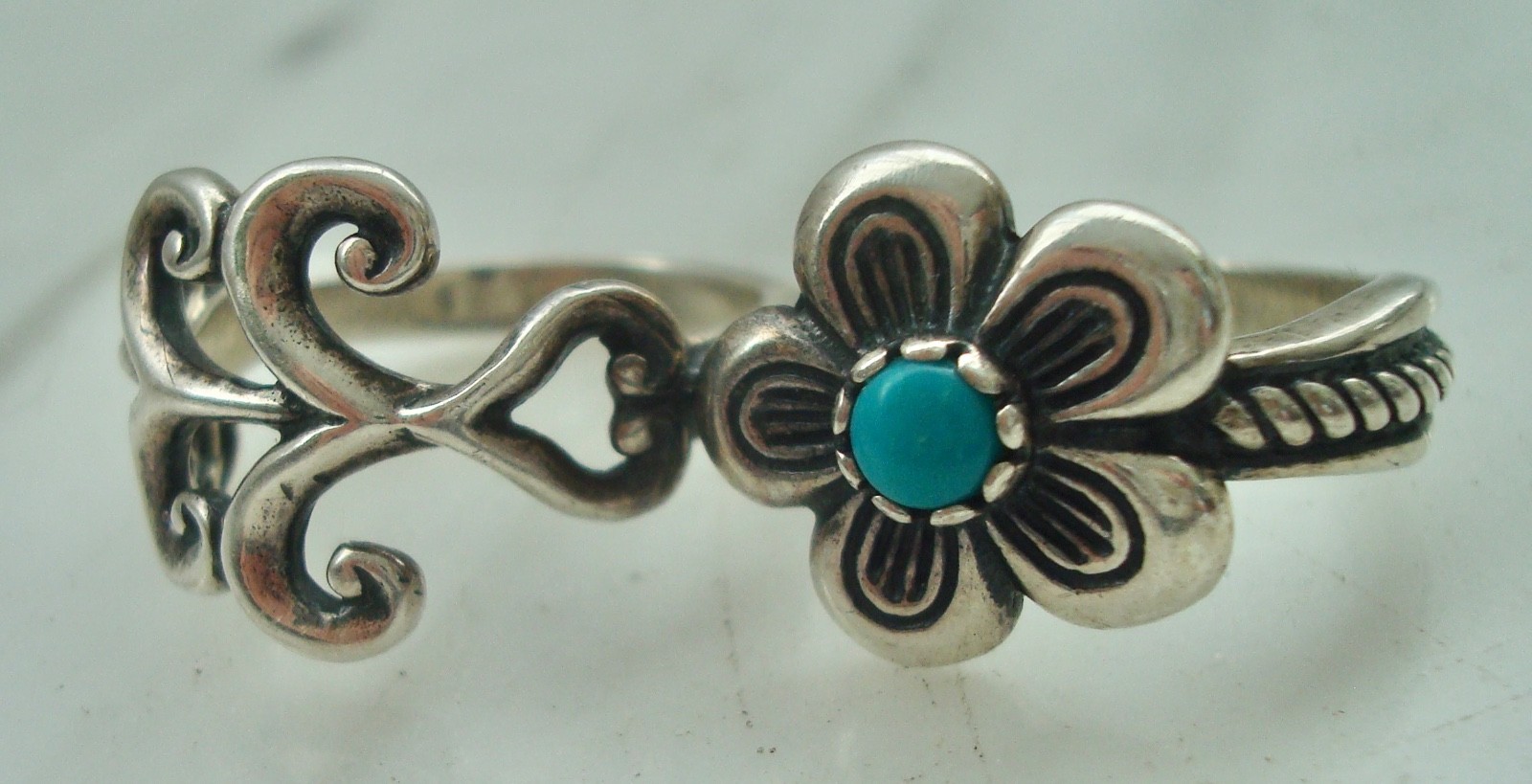 Vintage CAROLYN POLLACK STERLING Silver FLOWER Turquoise DOUBLE RING Size 9/7.5