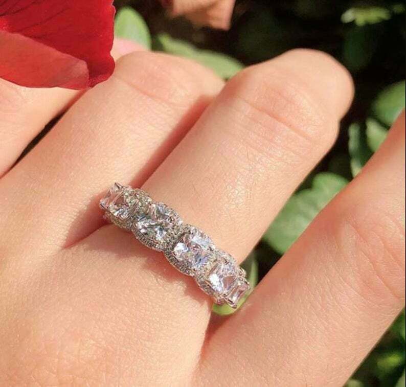 2 CTW White Cushion Cut Simulated Diamond Eternity Halo Wedding 925 Silver Ring
