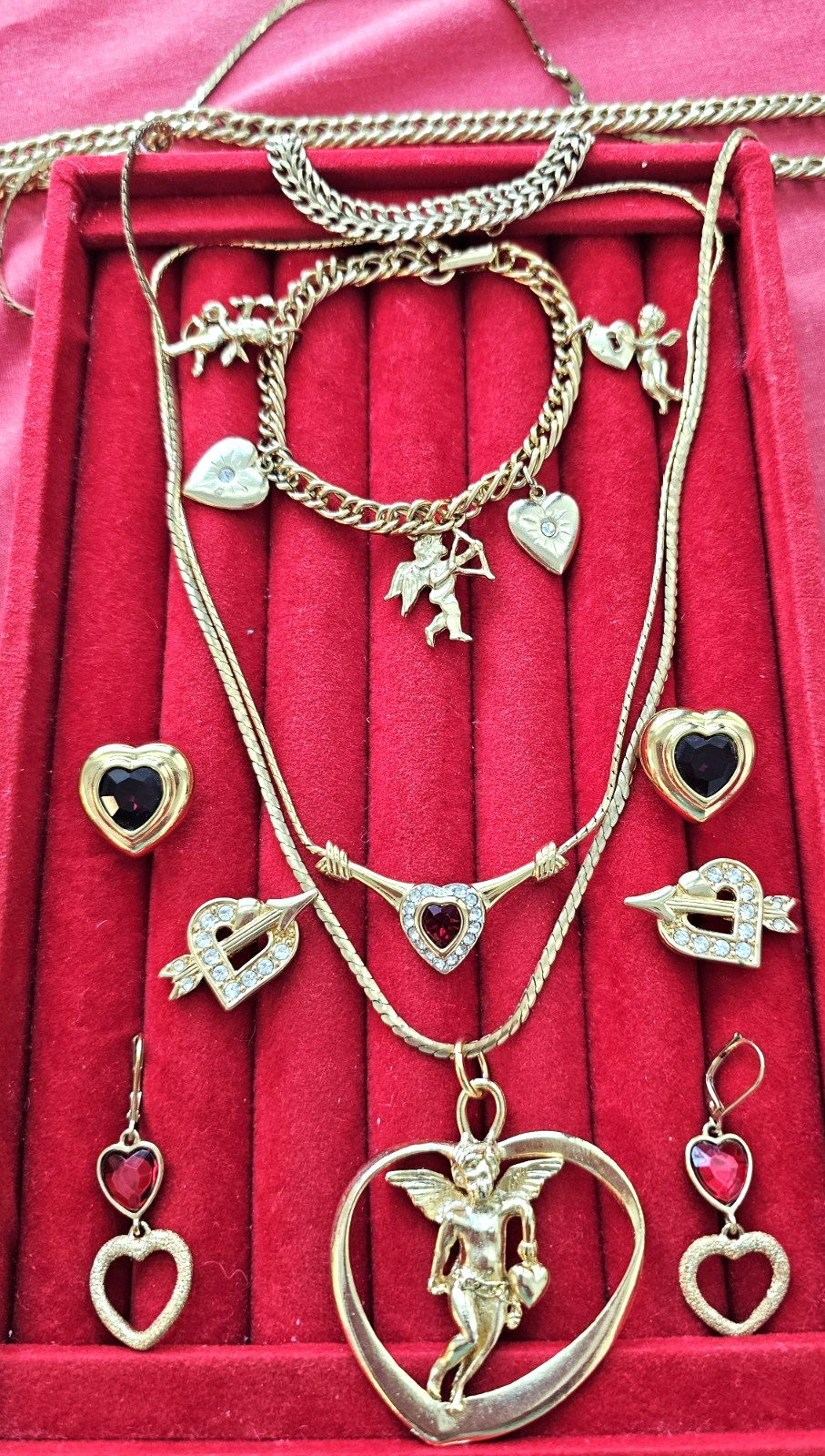 Signed Monet Red Heart Necklace Vintage Gold Tone Rhinestone Jewelry Lot Earring