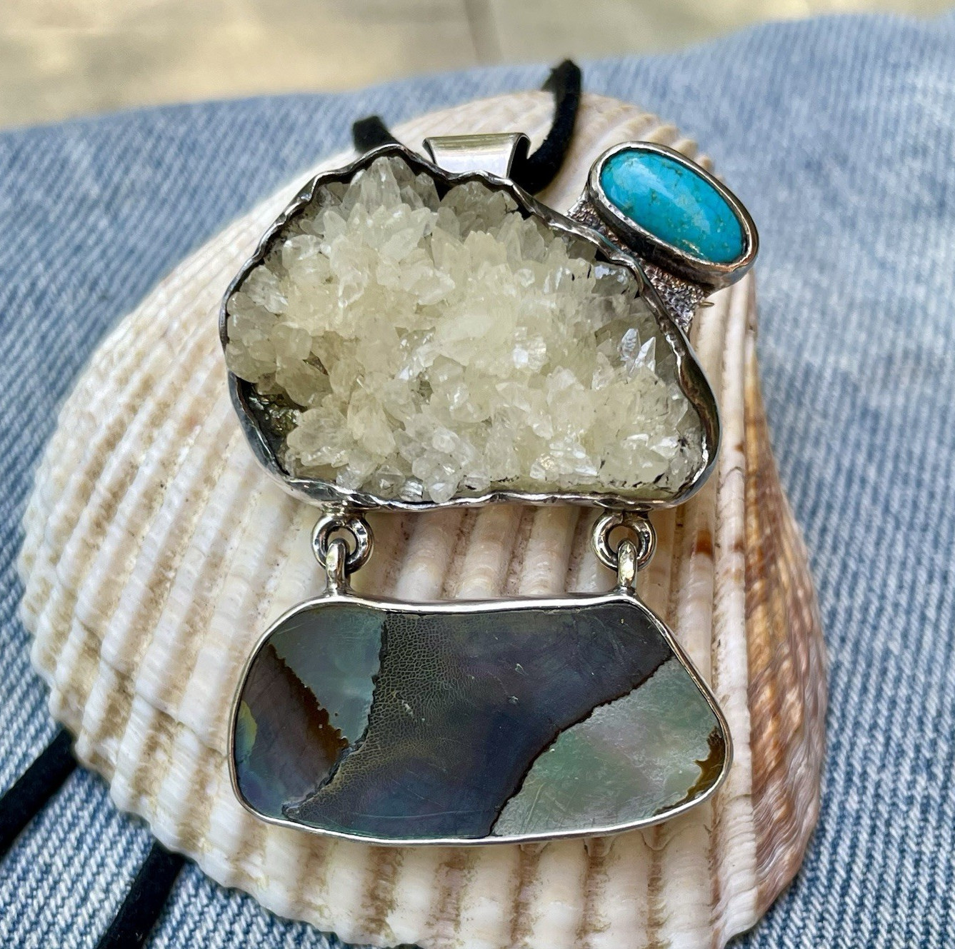 🎥Rock Crystal Rainbow Abalone Turquoise 2″ Pendant Brooch Mex Sterling Silver