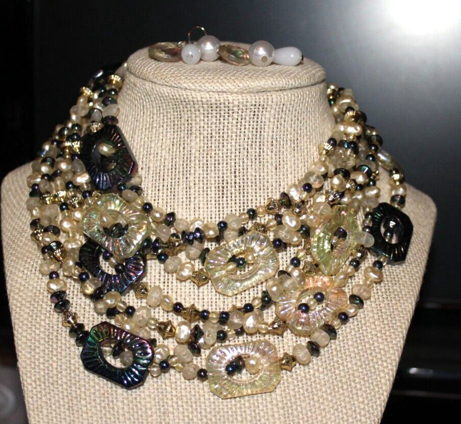 VTG 4 STRAND FAUX PEARL AND AB BEAD NECKLACE+HOOK DANGLE EARRINGS STUNNING