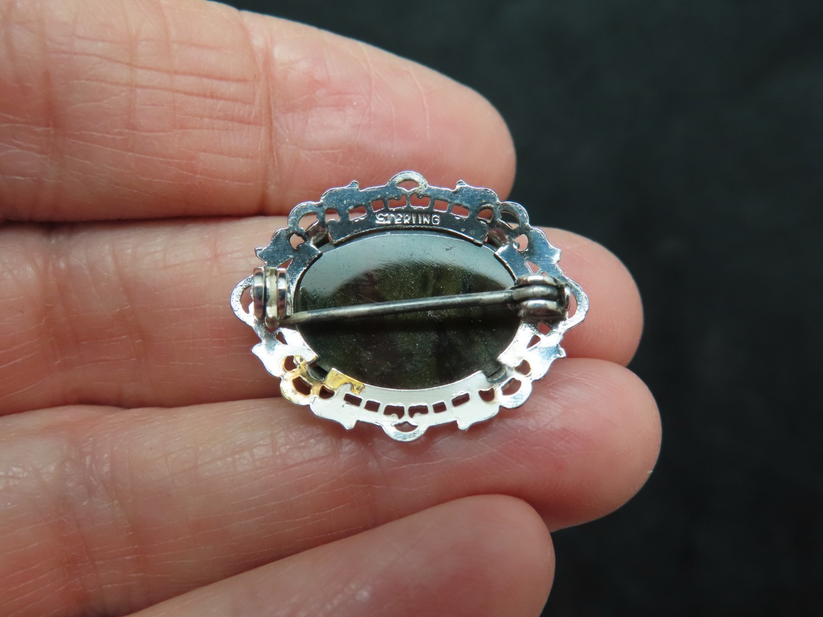 Sterling w/Gold Wash 1930’s Moss Agate Brooch Heirloom Quality