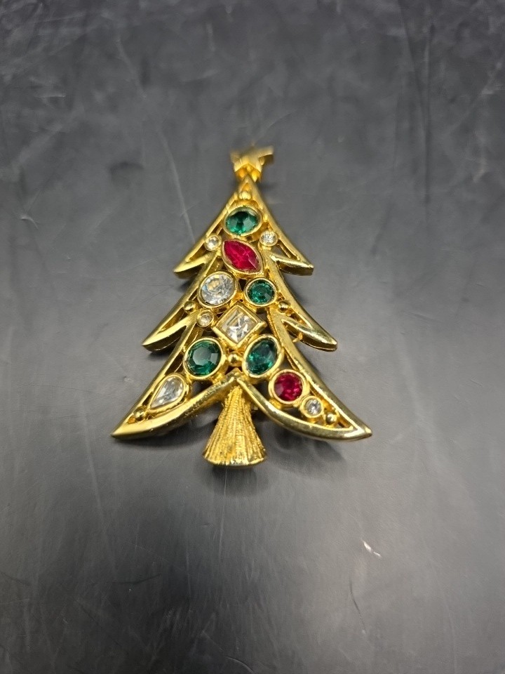 Vintage LIA LIANNA Gold Tone Rhinestone Christmas Tree Brooch