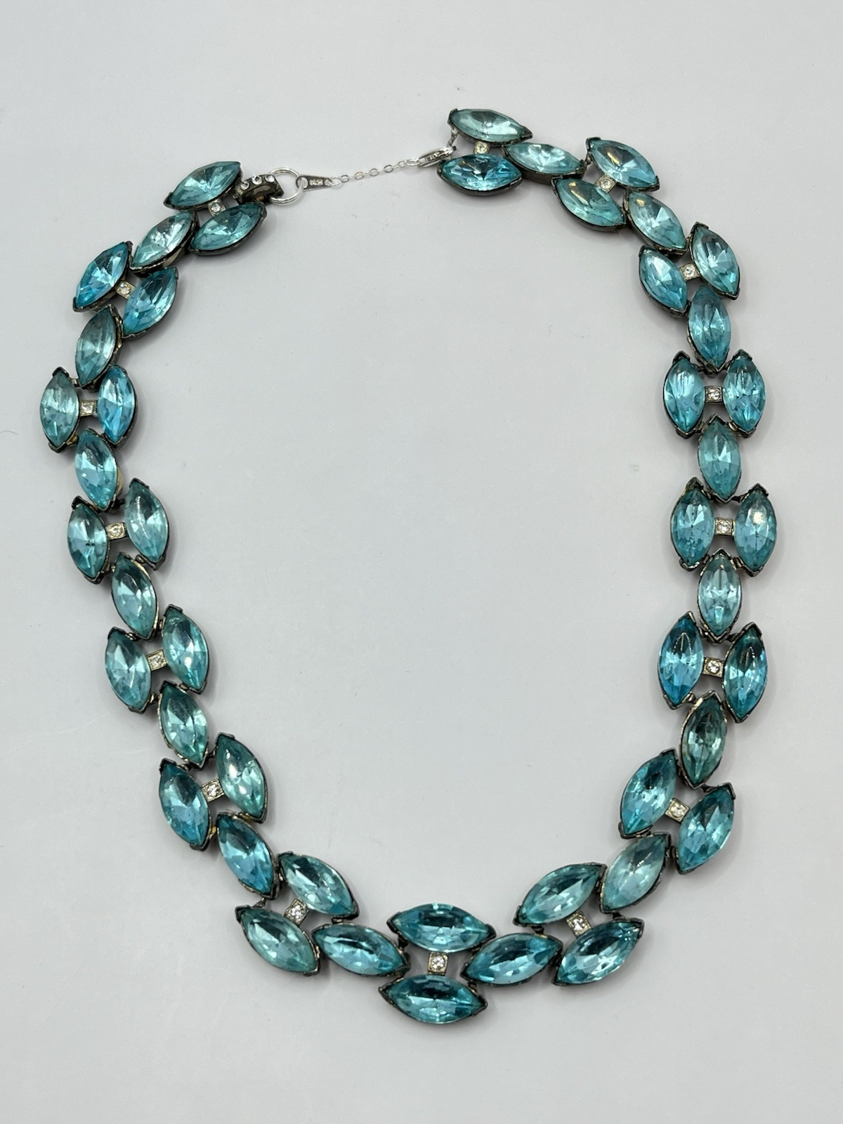 Vintage Aqua Rhinestone Pot Metal Rivière Necklace Not Signed
