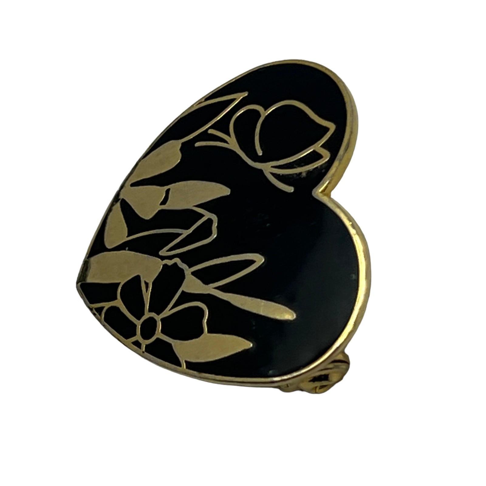 Vintage Heart Brooch Flower Butterfly Gold Tone and Black Enamel