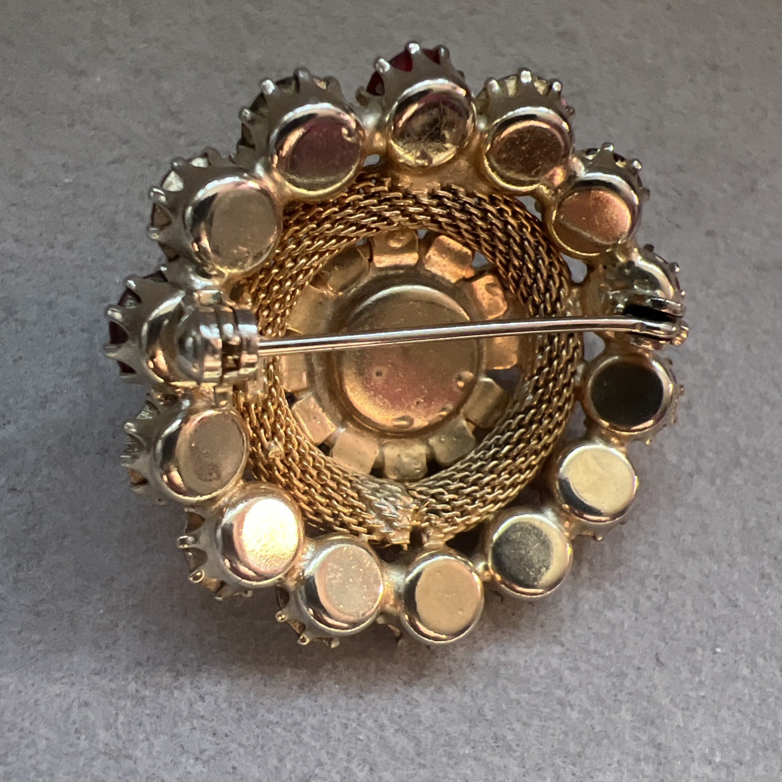 Stunning AB Siam , Rose Crystal Rhinestone and Mesh Circle Brooch 1.5″
