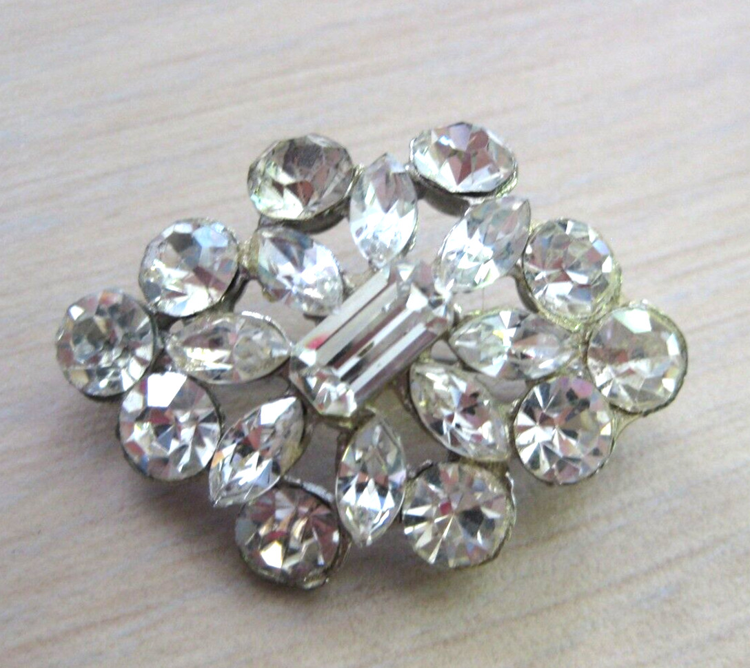 Estate Costume White Rhinestone Emerald Marquise and Round Cut Pin Silver Tone