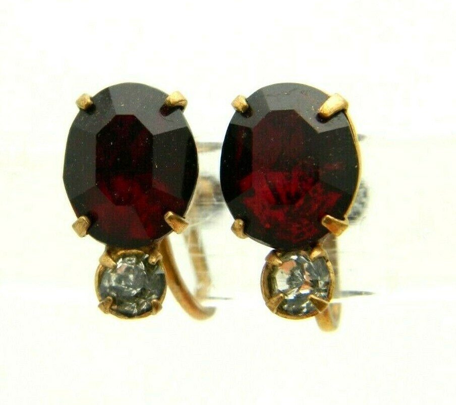 Red Clear Glass Rhinestone Gold Tone Screw-On Earrings Vintage